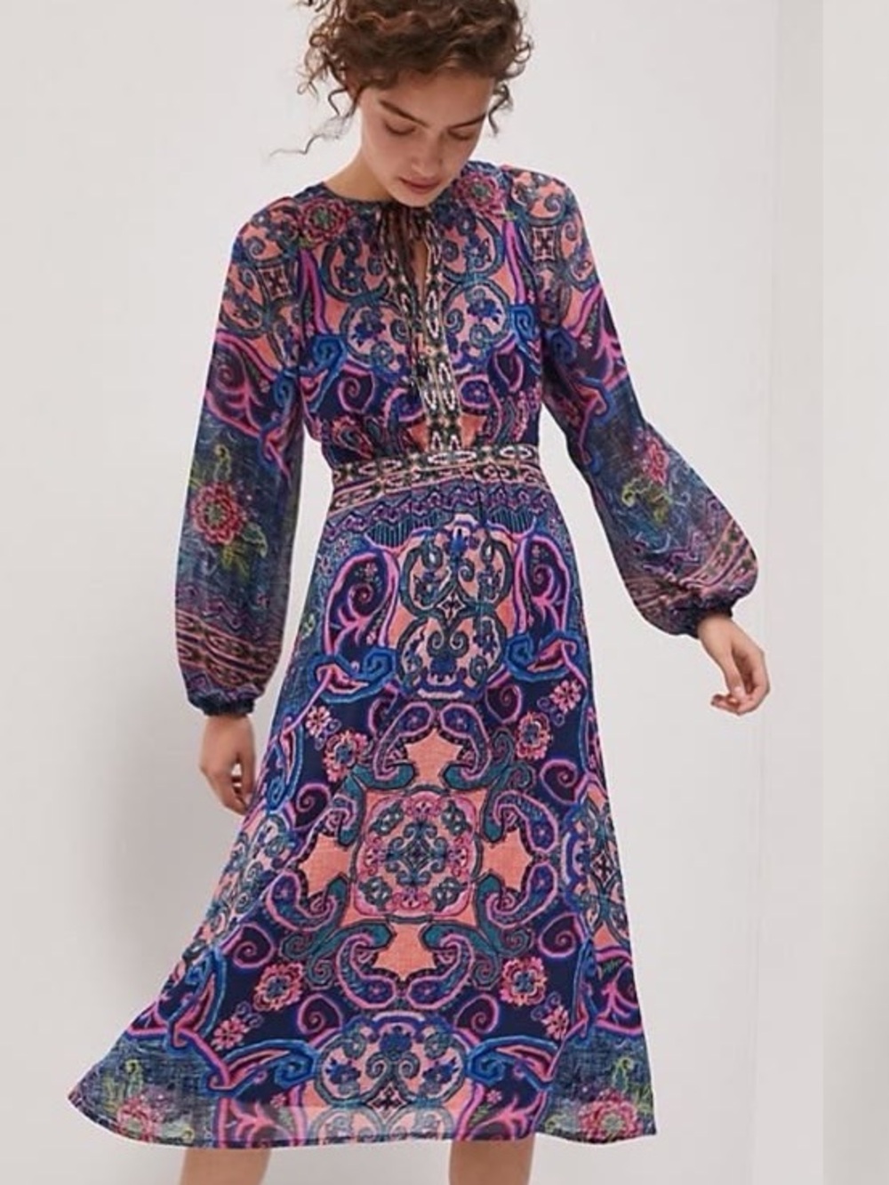 Anthropologie Boho Paisley Print Long Sleeve Mini Dress Pink Blue Size 4